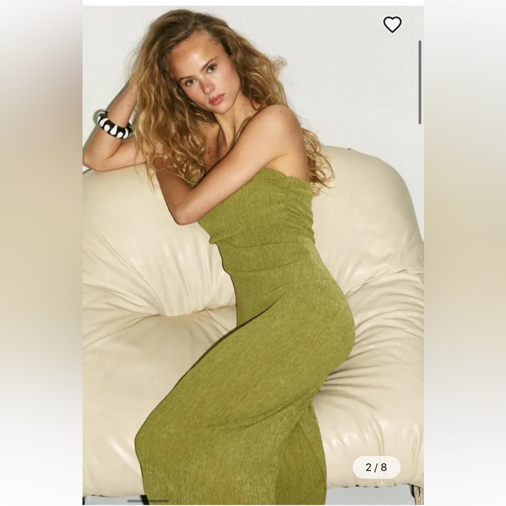 Zara Textured Bandeau Strapless Midi Dress Green